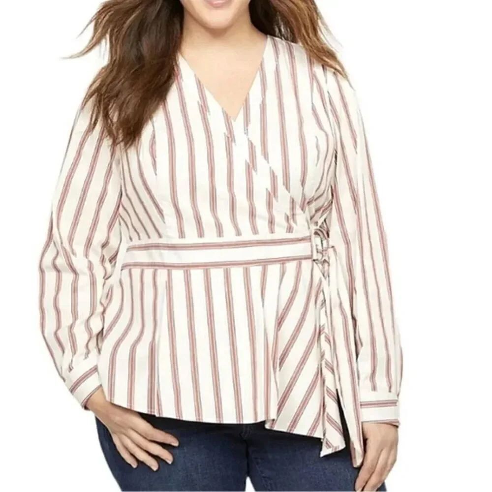 Lane Bryant NWT Top Stripe Faux Wrap Side Buckle Long Sleeve Side Zip Sz 22